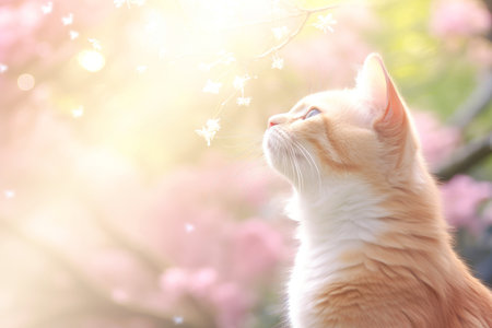 Close-up of cute cat gazing at something with beautiful bokeh background, Generative AIの素材
