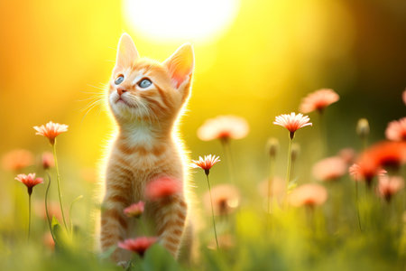 Close-up of cute cat gazing at something with beautiful bokeh background, Generative AIの素材