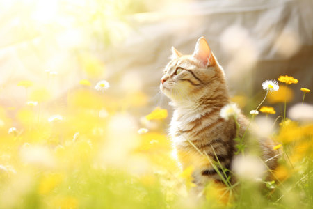 Close-up of cute cat gazing at something with beautiful bokeh background, Generative AIの素材