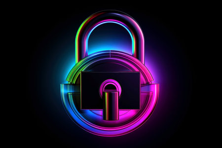 Abstract colorful neon padlock on black background, Generative AIの素材