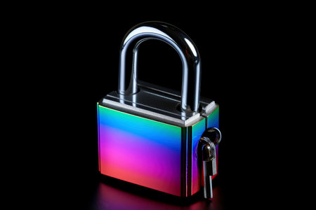Abstract colorful neon padlock on black background, Generative AIの素材
