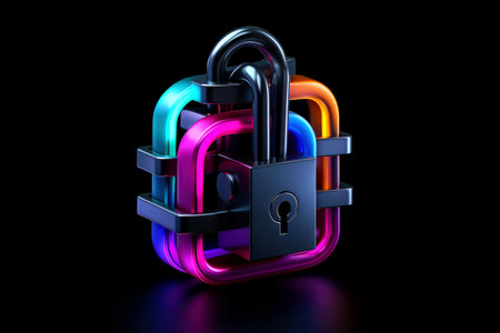 Abstract colorful neon padlock on black background, Generative AIの素材