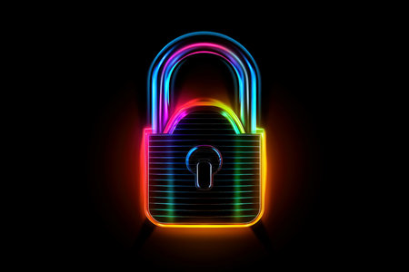 Abstract colorful neon padlock on black background, Generative AIの素材
