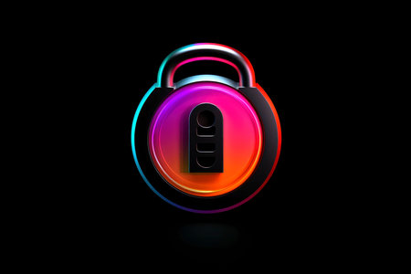 Abstract colorful neon padlock on black background, Generative AIの素材