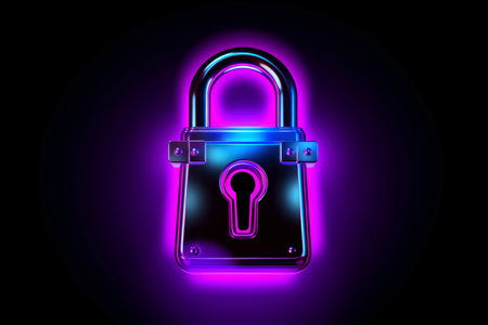 Abstract colorful neon padlock on black background, Generative AIの素材