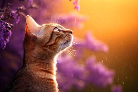 Close-up of cute cat gazing at something with beautiful bokeh background, Generative AIの素材