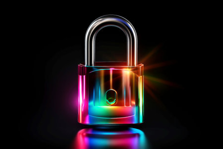 Abstract colorful neon padlock on black background, Generative AIの素材