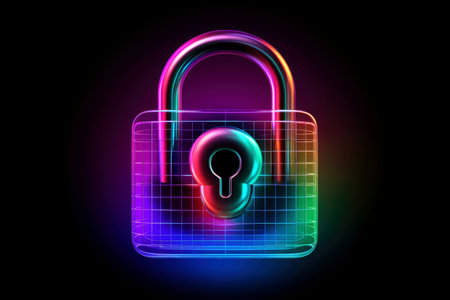 Abstract colorful neon padlock on black background, Generative AIの素材