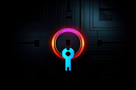 Abstract colorful neon padlock on black background, Generative AIの素材