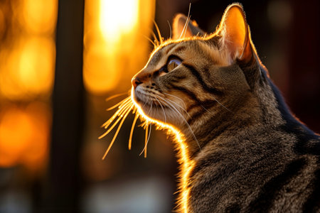 Close-up of cute cat gazing at something with beautiful bokeh background, Generative AIの素材
