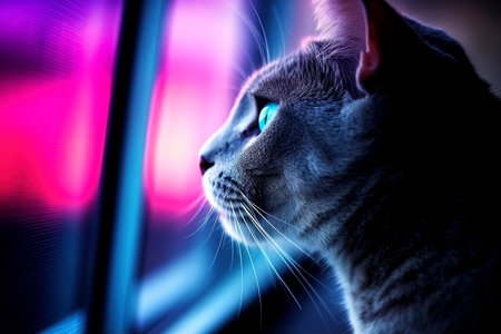 Close-up of cute cat gazing at something with beautiful bokeh background, Generative AIの素材