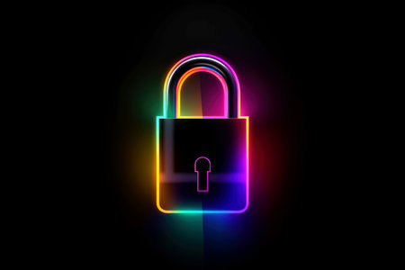 Abstract colorful neon padlock on black background, Generative AIの素材