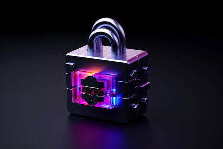 Abstract colorful neon padlock on black background, Generative AIの素材