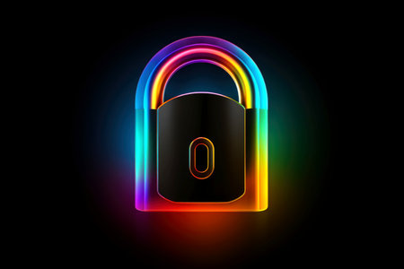 Abstract colorful neon padlock on black background, Generative AIの素材