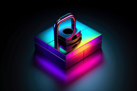 Abstract colorful neon padlock on black background, Generative AIの素材