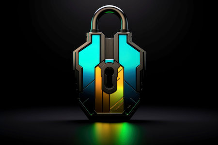 Abstract colorful neon padlock on black background, Generative AIの素材