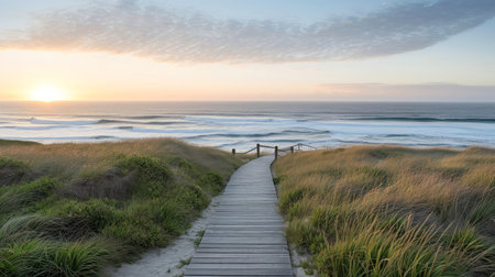 Empty wooden walkway on the ocean coast in the sunset time, pathway to beach, Generative AIの素材