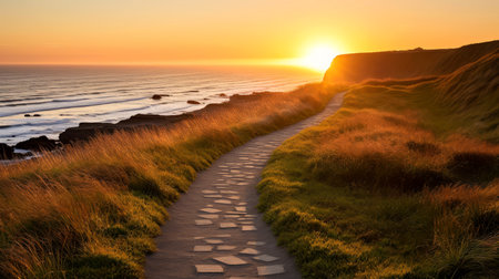 Empty wooden walkway on the ocean coast in the sunset time, pathway to beach, Generative AIの素材