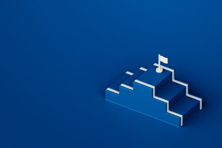 Blue step stair with white target flag on blue background, business way concept, minimal style, 3d renderingの写真素材