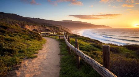 Empty wooden walkway on the ocean coast in the sunset time, pathway to beach, Generative AIの素材