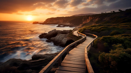 Empty wooden walkway on the ocean coast in the sunset time, pathway to beach, Generative AIの素材