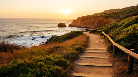 Empty wooden walkway on the ocean coast in the sunset time, pathway to beach, Generative AIの素材