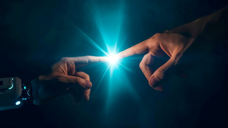 Cyborg finger about to touch human finger with light effect on dark background, Generative AIの素材