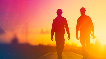 Silhouette of construction worker on construction site, Generative AIの素材
