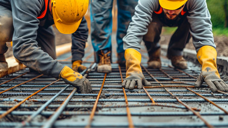 Close-up, Construction workers fabricating steel reinforcement bar at the construction site, Generative AIの素材