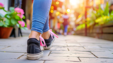 Close-up, Young woman walking and running outdoor, Generative AIの素材