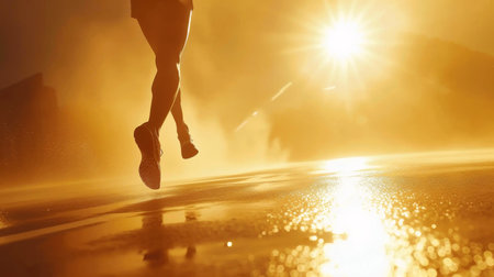 Close-up of a runner jogging in the rain on a road during a marathon, Generative AIの素材