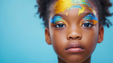 Close-up, Pretty face of a beautiful child boy with multi colors vivid makeup on minimal background, Generative AIの素材