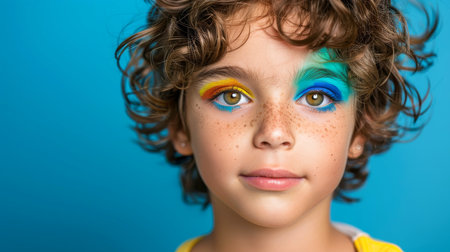 Close-up, Pretty face of a beautiful child boy with multi colors vivid makeup on minimal background, Generative AIの素材