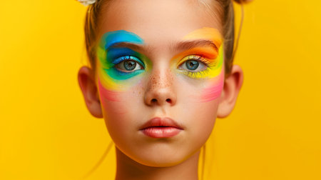 Close-up, Pretty face of a beautiful child girl with multi colors vivid makeup on minimal background, Generative AIの素材