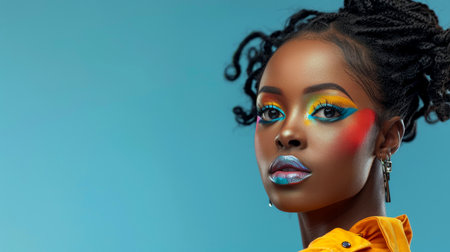 Close-up, Pretty face of a beautiful woman with multi colors vivid makeup on minimal background, Generative AIの素材