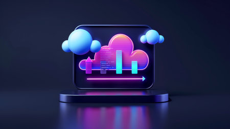 Close-up, 3d minimal cloud icon with infographics chart on dark background, Generative AIの素材