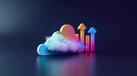 Close-up, 3d minimal cloud icon with infographics chart on dark background, Generative AIの素材