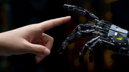 Robot finger making contact with human finger, Generative AIの素材
