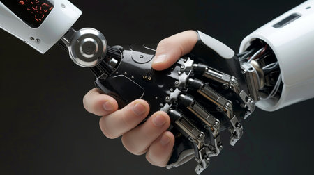 Robot handshake with robot, future business partnership concept, Generative AIの素材