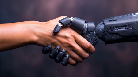 Robot handshake with human, future business partnership concept, Generative AIの素材