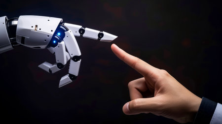 Robot finger making contact with human finger, Generative AIの素材