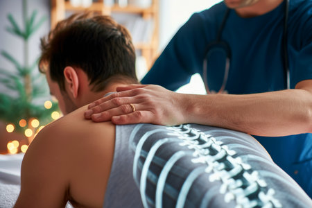 Close-up, Doctor massaging patient back, back pain physiotherapy, Generative AIの素材