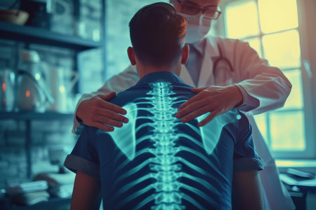 Close-up, Doctor massaging patient back, back pain physiotherapy, Generative AIの素材
