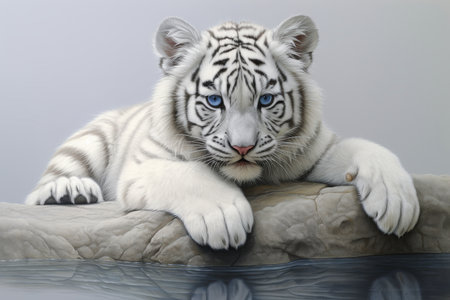 Close-up portrait of a white tiger looking directly at the viewer, Generative AIの素材