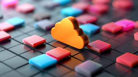 Close-up, 3d minimal cloud icon with infographics chart on dark background, Generative AIの素材