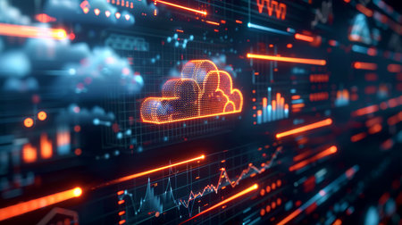 Close-up, 3d minimal cloud icon with infographics chart on dark background, Generative AIの素材