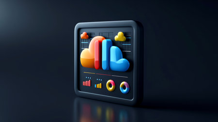 Close-up, 3d minimal cloud icon with infographics chart on dark background, Generative AIの素材