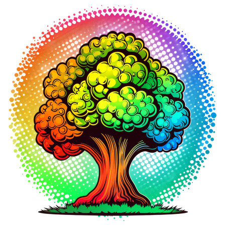 Colorful cartoon pop-art style tree with minimal details, Generative AIの素材