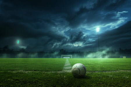 Close-up of old soccer ball in the stadium in the evening light, Generative AIの素材