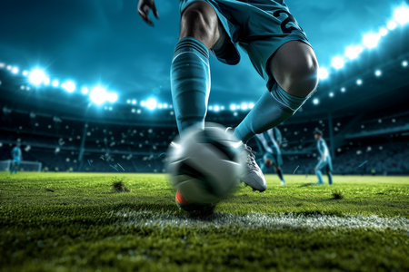 Close-up,The striker shows off dribbling skills in stadium, Generative AIの素材
